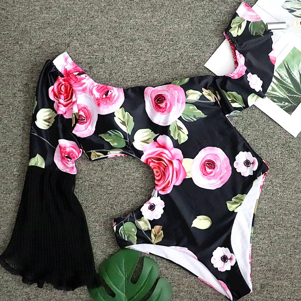 Sexy One Piece Swimsuit Women Swimwear Hollow Out Monokini Print Bodysuit Ruffle Sex Back Bathing Suit Female Summer | Спорт и
