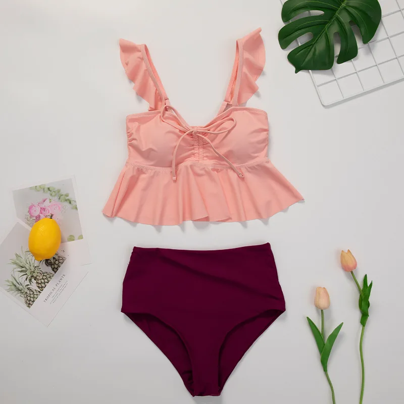

Ruffled shoulder strap cute swimsuit feminine high waist split bikini pink beach suit suit swimwear women