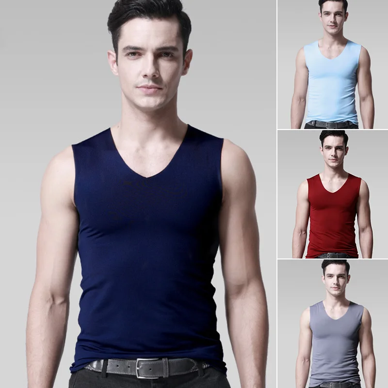 

Men Underwear Vest Seamless Ice Silk Undershirts Summer Thin Breathable V-neck Sports Vest Sleeveless Tank Tops Slim T-shirt