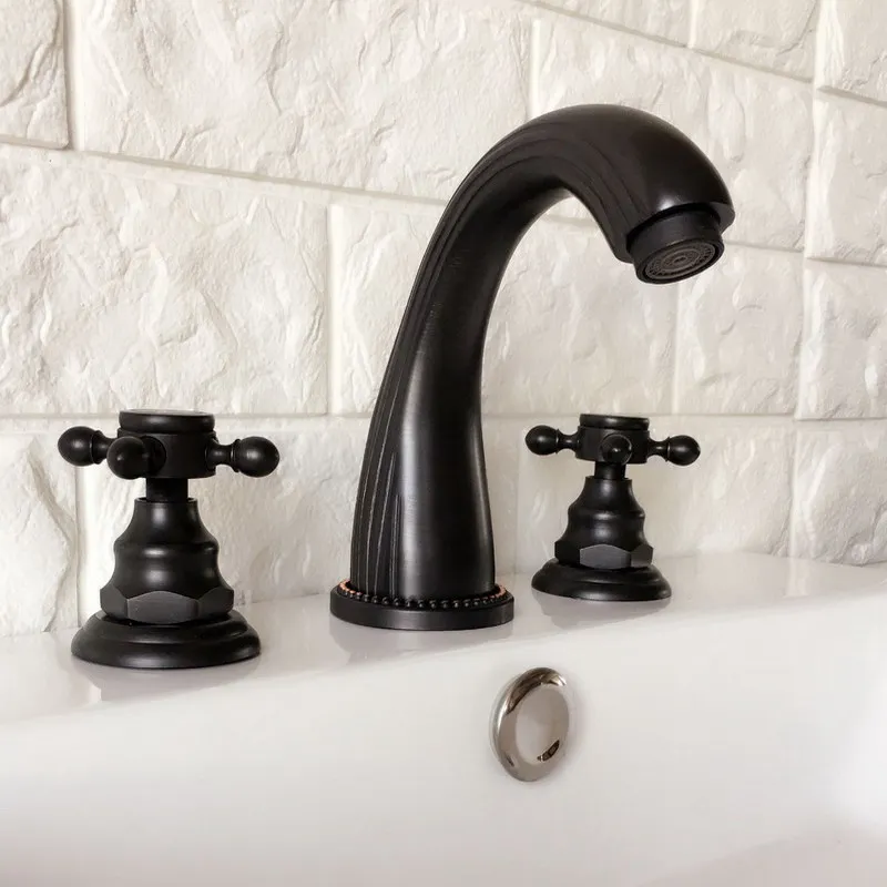 

Black Oil Rubbed Bronze Double Handles 3 Holes Install Widespread Deck Mounted Bathroom Sink Basin Faucet Sink Mixer Tap mhg061