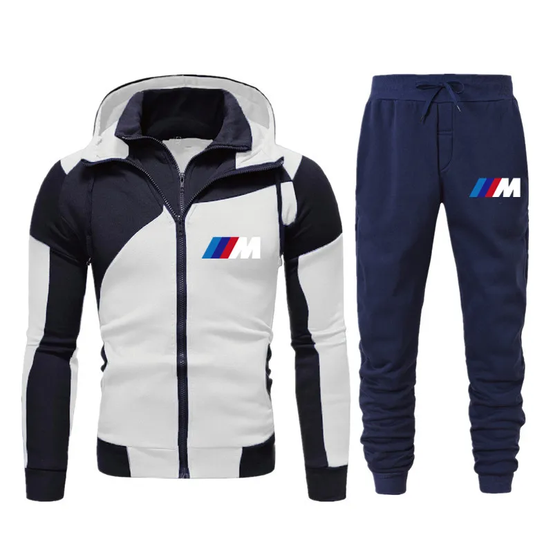 

Men's spring and autumn mixed color zipper stand collar Hoodie + pants, classic car logo printing, slim outdoor sportswear
