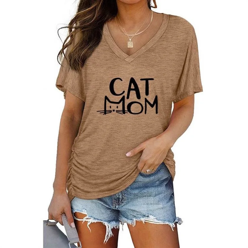 

Ladies Batwing Sleeve V-Neck T-shirt Summer Female Lovely Tops Tees CAT MOM Letters Print Loose Short Sleeve T-Shirt For Women