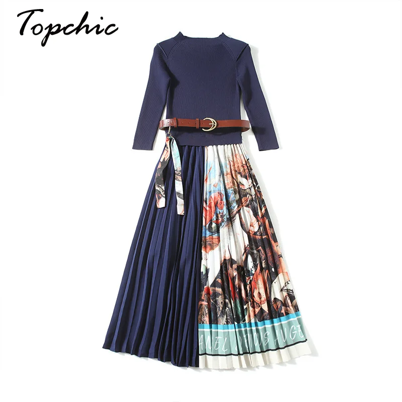 

European Runway Designers Dress 2021 Autumn Winter Vintage Draped Long Sleeve Printed Knitted Midi Dresses For Women