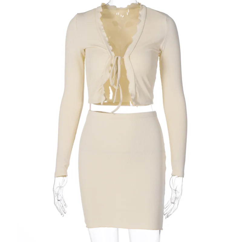 Solid Long Sleeve Two-piece set 2021 Slim Deep V-neck Drawstring Fit Crop Top and High Waist Skirt Mini Dress Casual Outfit |