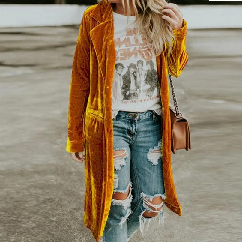 

Модный золотистый бархатный длинный кардиган, Женская куртка с отложным воротником, однотонные прямые пальто, ветровка для женщин