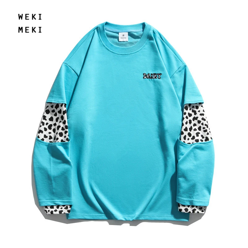 

WEKIMEKI 2021 New Couple T-shirt Men and Women Universal Tops Leopard Print Stitching O-neck Long-sleeved Tshirts Streetwear