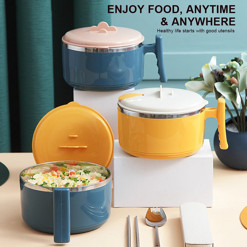 

1000ml Stainless Steel Noodle Bowl With Lid Leak-proof Double-Layer Insulated Lunch Box Food Container For Student Office Worker