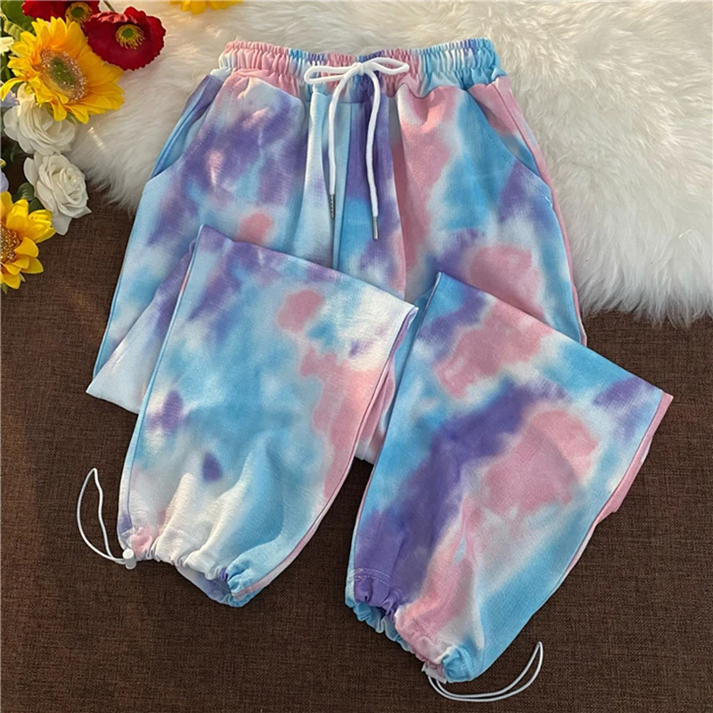

BF Stylish Tie Dye Women Pants Drawstring Cool Girls Elastic Waist Wide Leg Pants Harajuku Ankle Length Streetwear Dropshipping