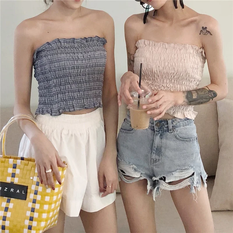 

Hong Kong Style Ins Elastic Short Outer Wear French Sweet Wrapped Chest Female Summer Careful Machine off-the-Shoulder Inner