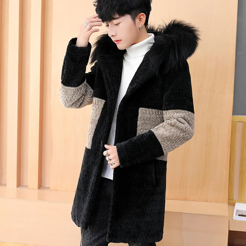 

Mens Winter Thick Cashmere Long Overcoat Fur Collar Warm Coat Hooded Patchwork Outwear U10