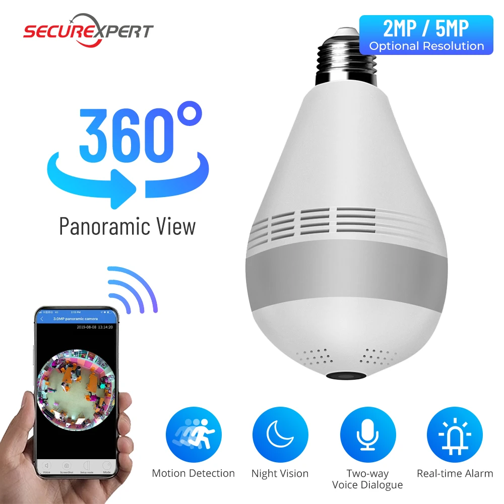 

Панорамная Wi-Fi-камера, 2/5 Мп светодиодный, 360 P, беспроводная панорамная камера видеонаблюдения, лампочка «рыбий глаз», 1080
