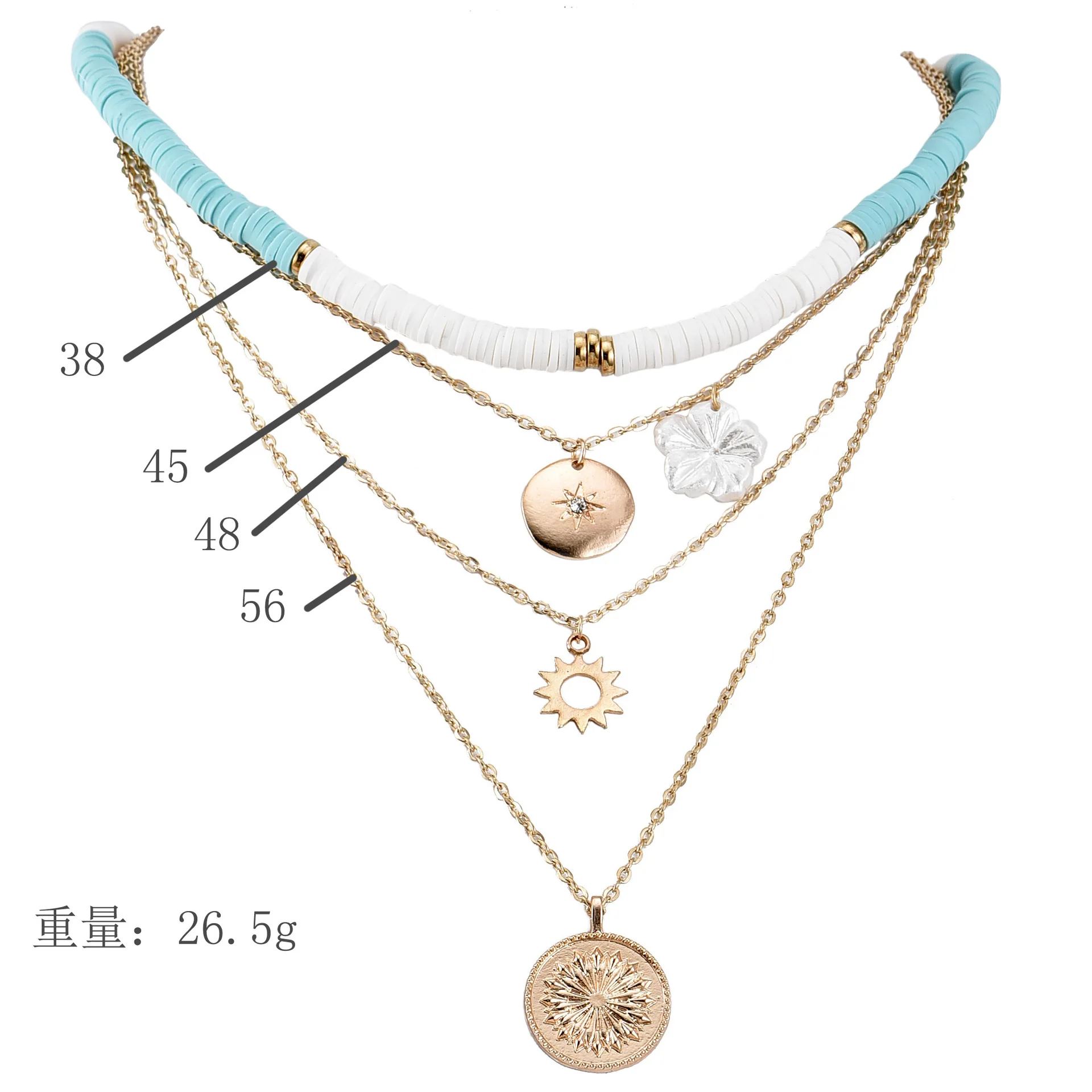 

Multi layerd Bohemian ethnic style with global fashion pendants necklace set 5pcs coin blossom icons blue and white accent