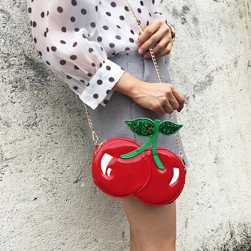 Fashion Cute Red Cherry Shoulder Bag Pu Leather Casual Chain Mini Messenger Girl'S Clutch |