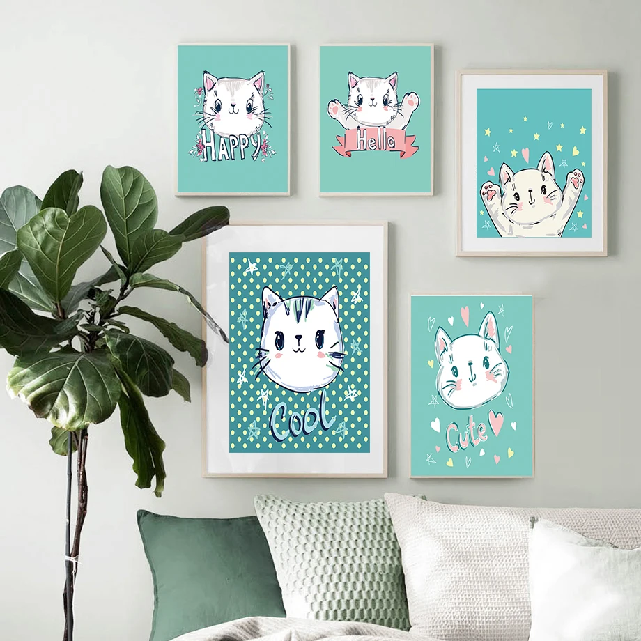 

Cartoon Cute Green Cat Kindergarten Canvas Painting Wall Art Nordic Posters and Prints Wall Pictures for Living Kids Room Decor