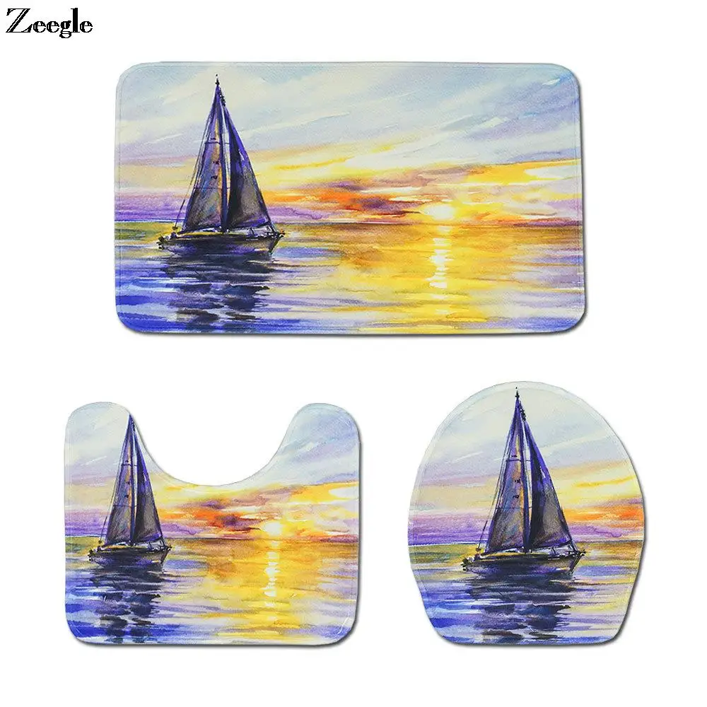 

Oil Painting Printing Anti-Slip 3 Pieces Bath Mat Sets Sailboat Bathroom Floor Mat Anti-slip Shower Mat Toilet Pedestal Rug