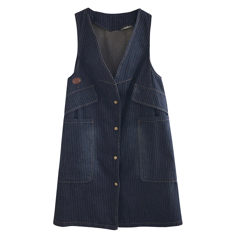 

Denim Vest Women Spring Autumn New Loose Waistcoat Striped Cardigan Mid-Length Jeans Vest Jacket Big Pocket Outerwear Female