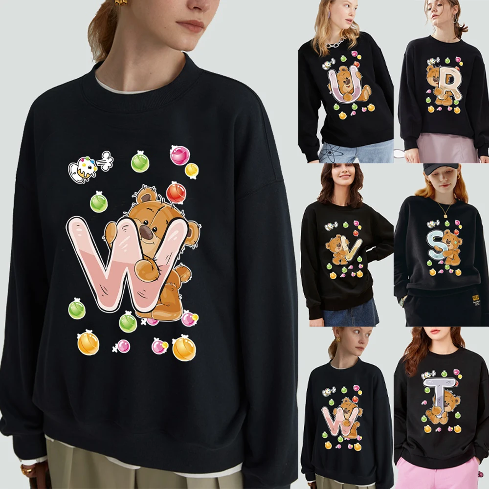 

Women Clothing Pullover Casual Long-sleeved Sweatshirt Commuter Slim Initial Name Printed Pattern Black Polyester O-neck Hoodie