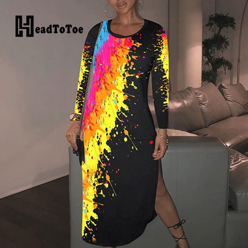 

Fashion Printed Split Ankle Length Casual Dress Women Autumn Long Sleeve Round Neck Maxi Dresses