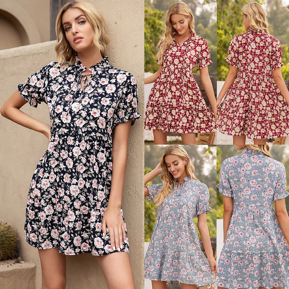 

Women Stripe Short Sleeve Fashion Dresses Sexy V-Neck Split Boho Summer Dress