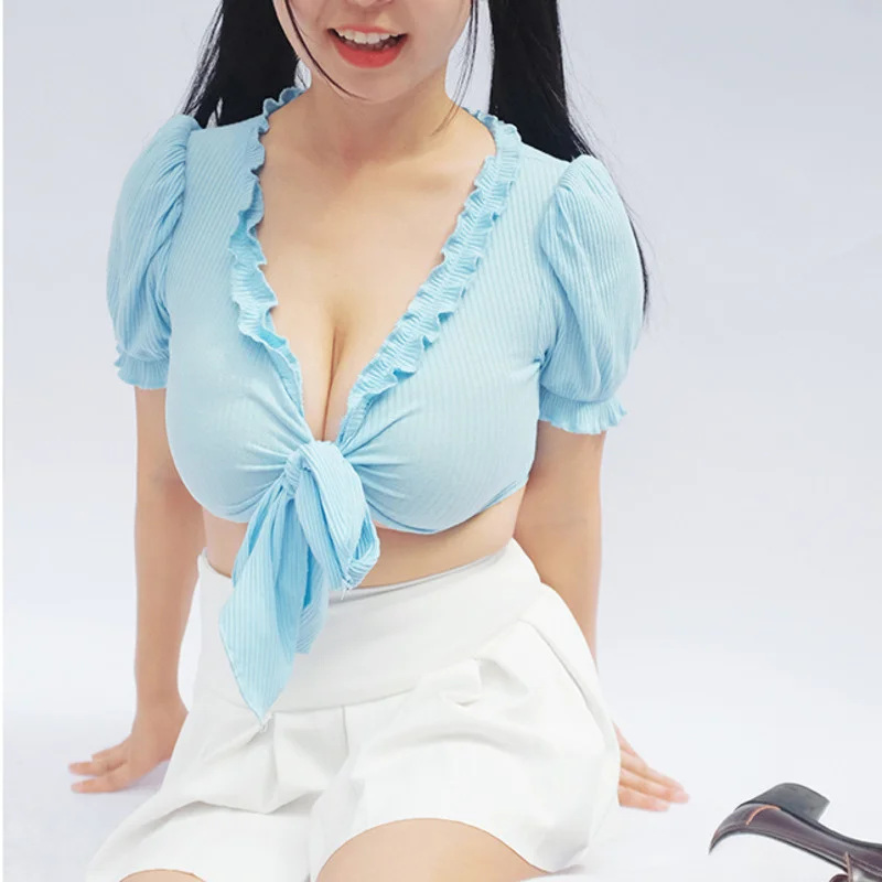 

Kawaii летняя футболка с оборками y2k с бантом, коротким V-образным вырезом, короткими рукавами-фонариками, женские синие бандажные футболки, гор...