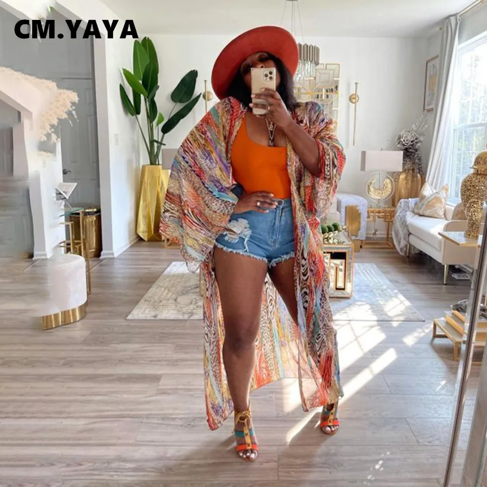 

Женский Тренч с принтом CM.YAYA, удлиненное прямое Свободное пальто с длинным рукавом, пляжная одежда, повседневный наряд, лето 2021