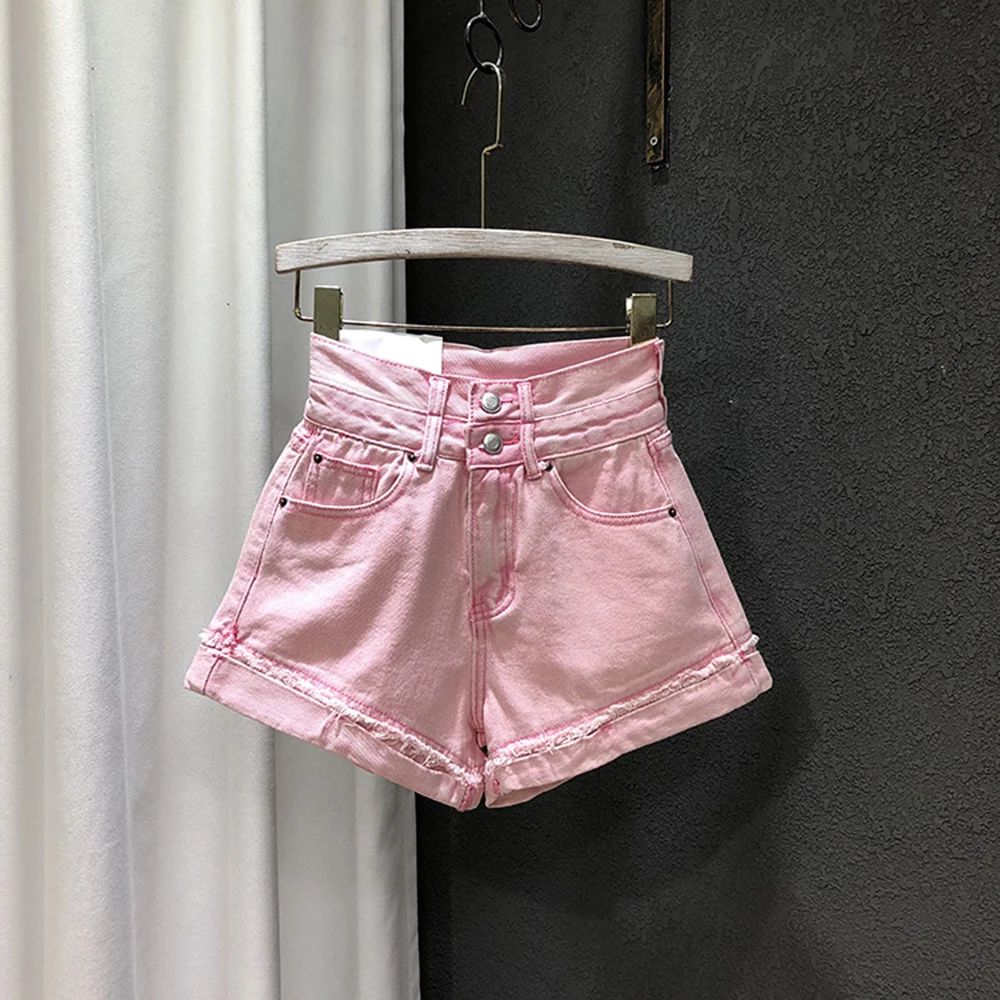 

Женские короткие джинсовые шорты, летние милые розовые шорты с завышенной талией, женские повседневные шорты, шикарные короткие джинсовые ...