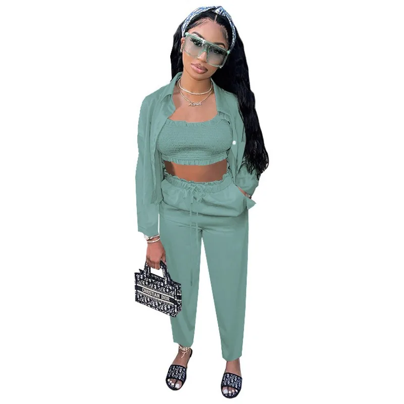 

Брючный костюм женский из двух предметов, блузка и брюки со складками, однотонный пикантный комплект на бретелях в уличном стиле, на осень