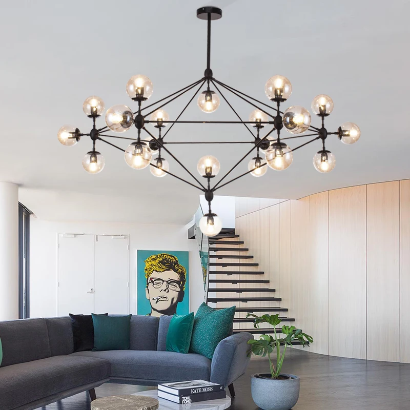 GLSZ Iron Modern LED Chandelier Black E27 90-260V 5/10/15/21 Head For Living Room Bedroom Loft Ceiling Lamps Art Glass Pendant | Лампы и