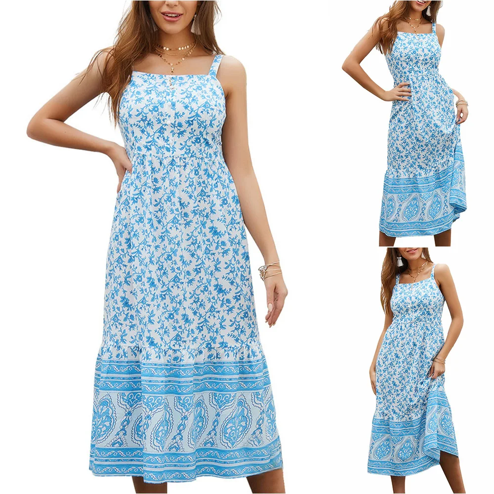 

2021 Women Sling Floral Strappy Long Dress Beach Holiday Patchwork Floral Printed Party Maxi Dresses Summer