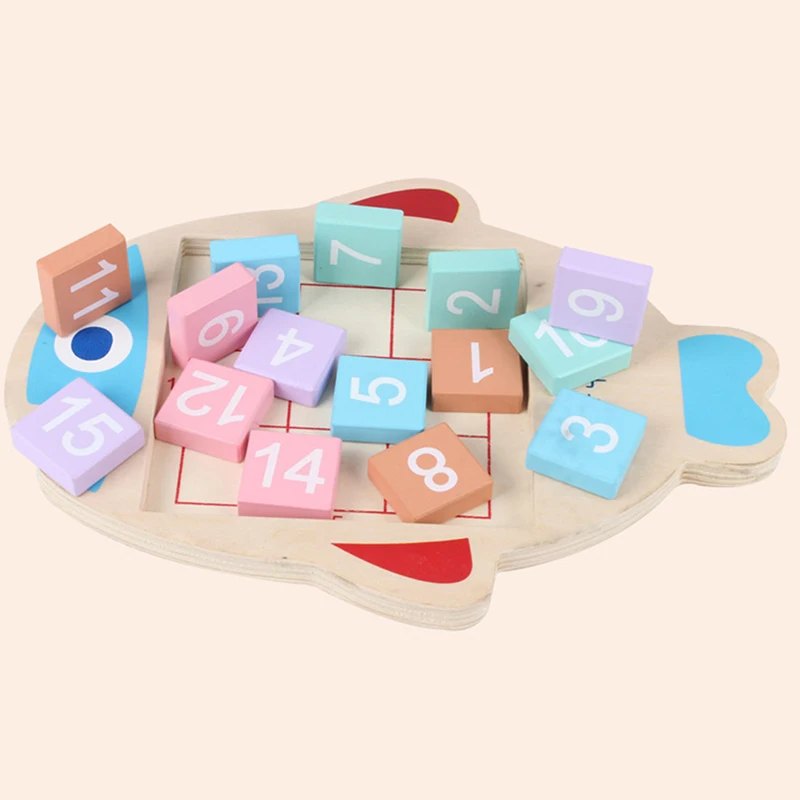 

Kids Math Toys Wooden Fish Shape Digital Numbers 1-15 Brain Teaser Huarong Road Toys For Children IQ Developmental Learning Gift