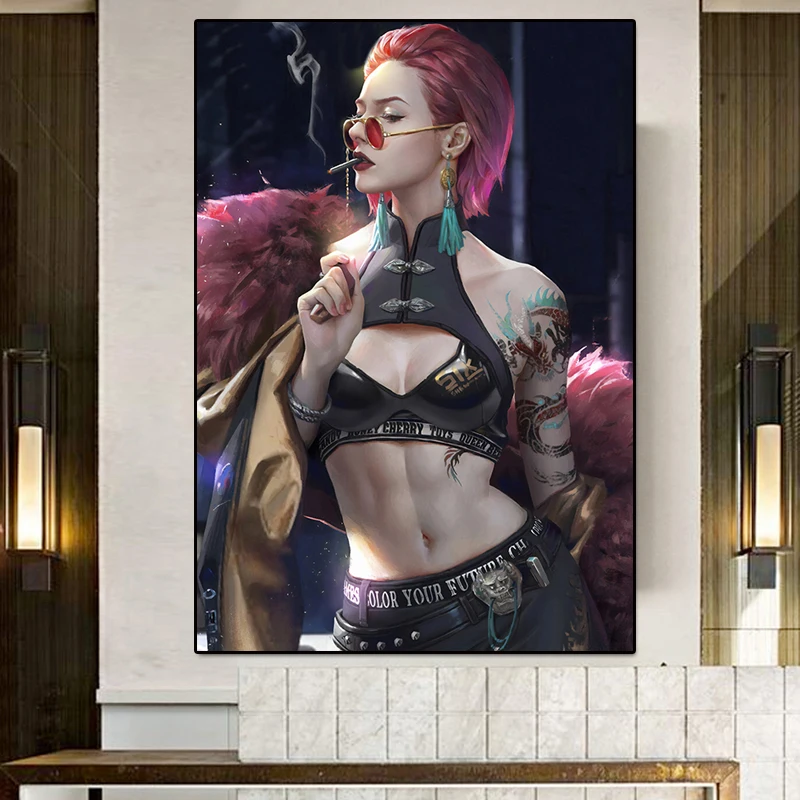 

canvas painting wall art 3d Posters Fashion girl with glasses tattoo pictures on the wall Anime paintings for home Decor cuadros