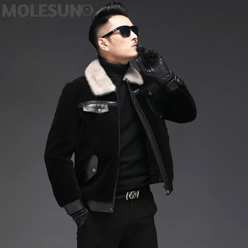 

AKOOSUN Real Fur Coat Men Winter Jacket 100% Wool Coats Mink Collar Leather Jacket Men Sheep Shearing Fall Men's Jackets19-2701