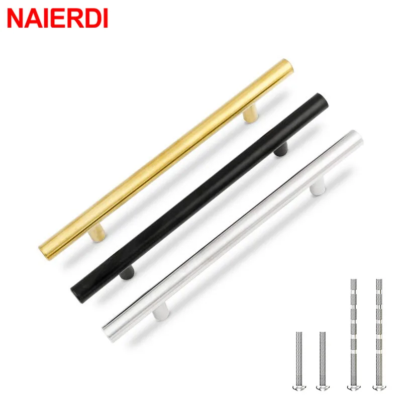 naierdi 20pcs stainless steel t bar furniture handle brushed gold kitchen handle black cabinet pull with cuttable bamboo screw free global shipping