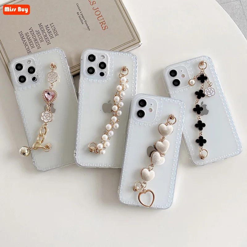 

Transparent Clear Love Hearts Chain Phone Cases for iPhone 13 12 11 Pro max 13 Mini X XS XR XS Max 6 6s 7 8 Plus SE 2020 Cover