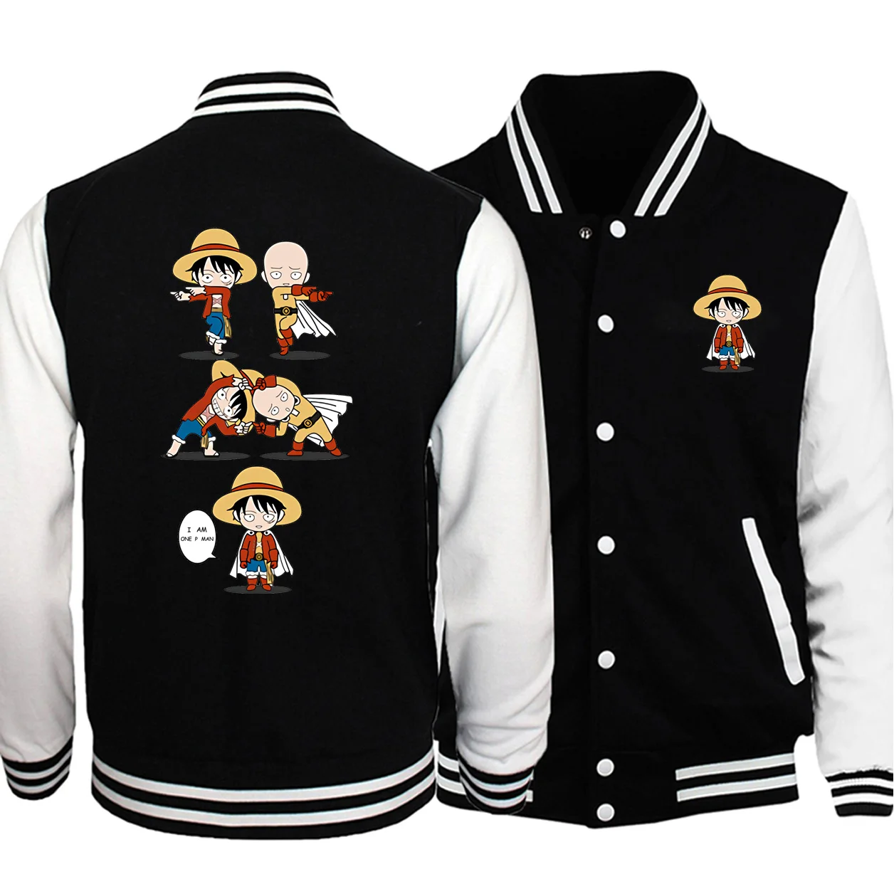

Hot Sale 2019 Winter Japan Cartoon One Piece And One Punch Jacket Bomber Mens Streetwear Fashion Funny Baseball Coat Homms Tops