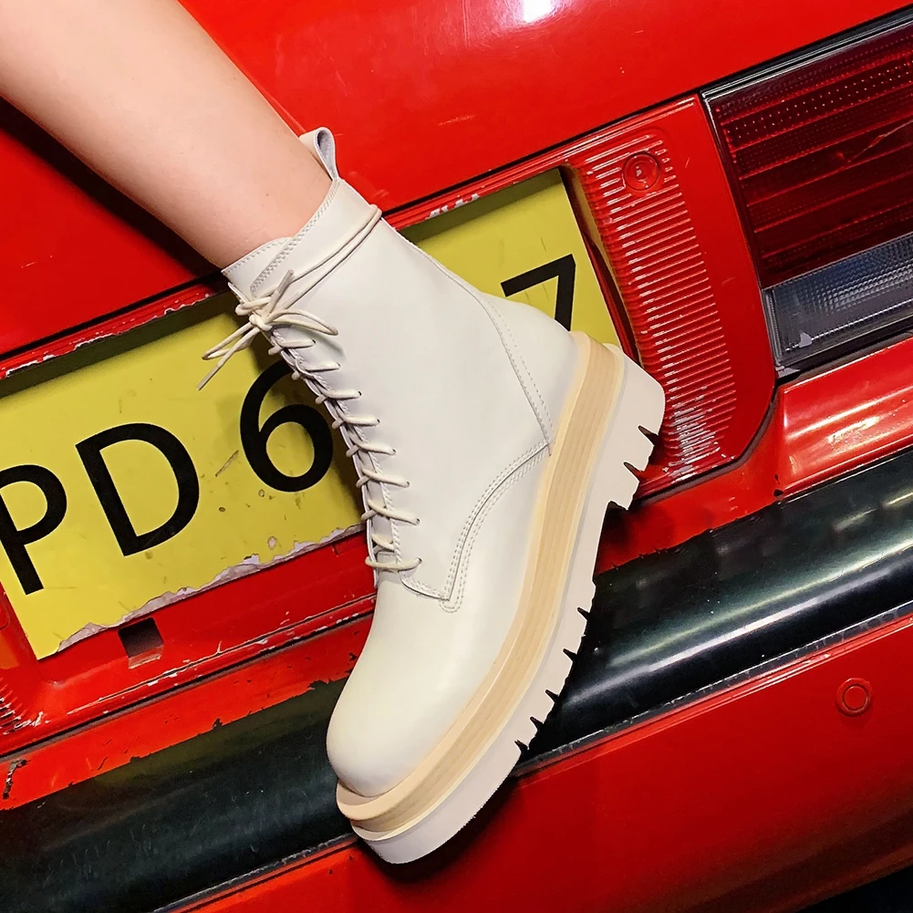 

Sarairis 2020 Fashion New Genuine Leather Comfy Boots Ladies Platform Zip Up Non-Slip Comfortable Cross Strap Women Ankle Boots