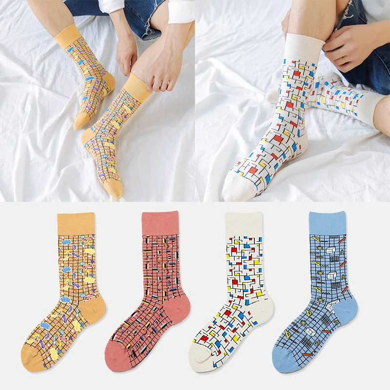 

New Men and Women Couple Models Geometric Street Spring and Autumn Cute Ins Trendy Tube Thin Long Cotton Socks Funny Socks mens