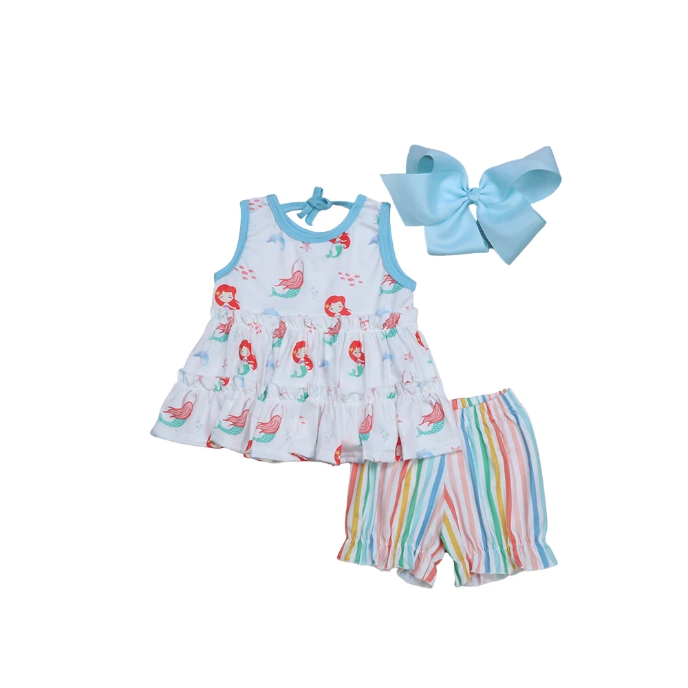 

Baby Girls Clothing 2pcs Suit Set Fashion Sleeveless Mermaid Girl Dress + Colorful Stripe Shorts Outfits For 1-7 Years