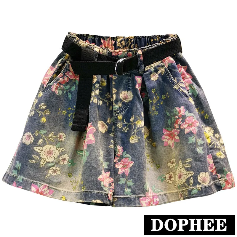 

2020 Summer New Loose Flower Printed A- Line Wide Leg Jeans Shorts Female Street Flower Denim Shorts Womens Hot Pants