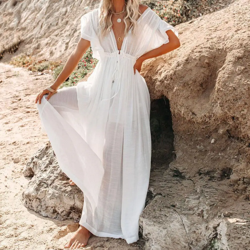 

Sexy White Beach Elegant Dresses Women Waist Drawstring Casual Loose Maxi Summer Dress 2021 Short Sleeve Cover-Ups Long Tunic