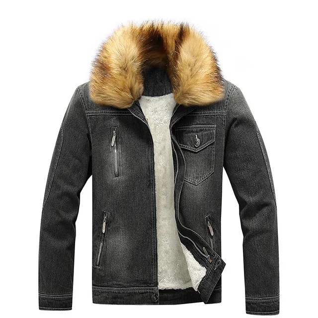 Men's Autumn Winter Parka Thick Velvet Coat Men's Warm Denim Jacket Cowboy Coat Fur Collar