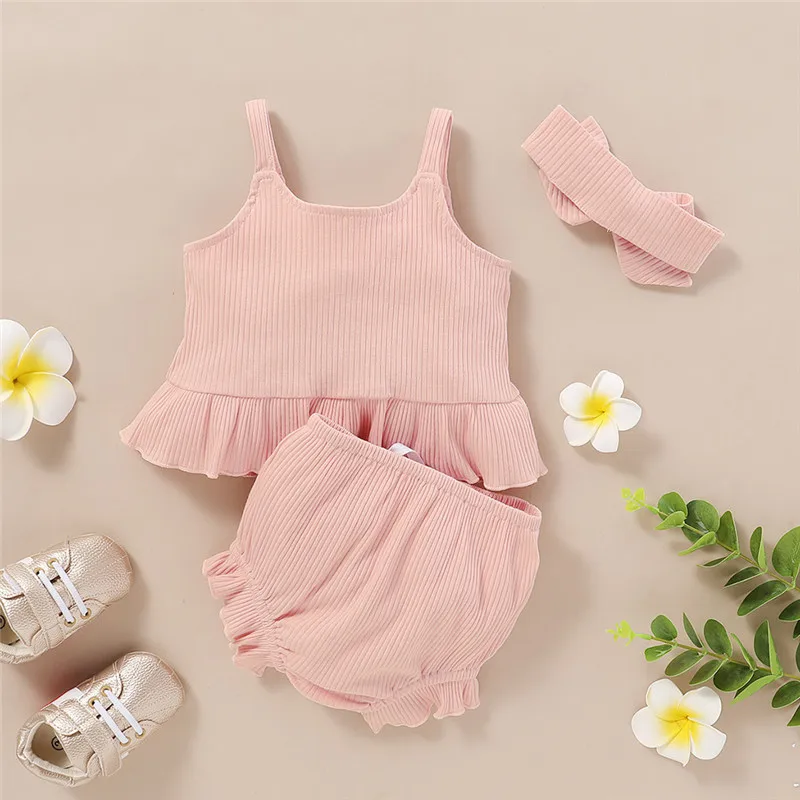 

3PCS Summer Solid Newborn Kid Baby Girls Ruffles Solid Suspender Tops+Shorts+Headband Outfits Casual Baby Set roupa bebe