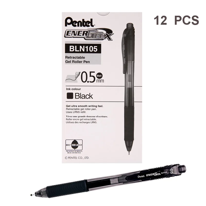 

12Pcs Pentel EnerGel BLN105 Deluxe Retractable Liquid Gel Pen 0.5mm Needle Tip Super-smooth writing Fast Dry, Black Blue Red Ink