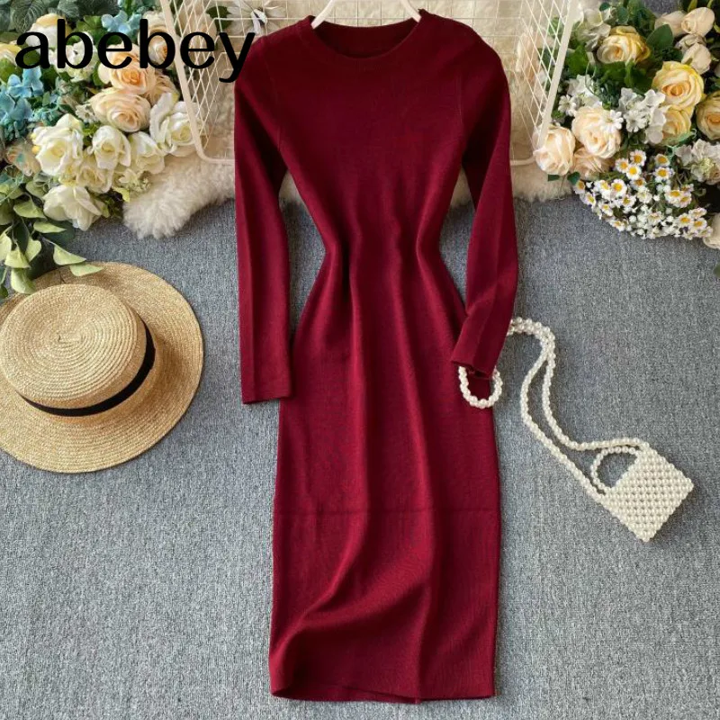 

2022 Autumn Winter New Korean Simple Solid-color Long Sleeve Slim Knitted Sweater Dress Women Vestidos PP512