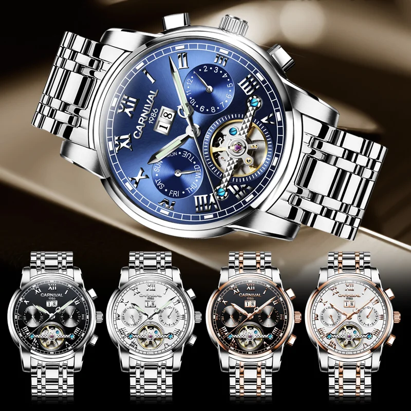 Carnival Brand Fashion Tourbillon Watch For Men Luxury Mechanical Watch Waterproof Casual Sapphire Month Week Date Display Reloj enlarge