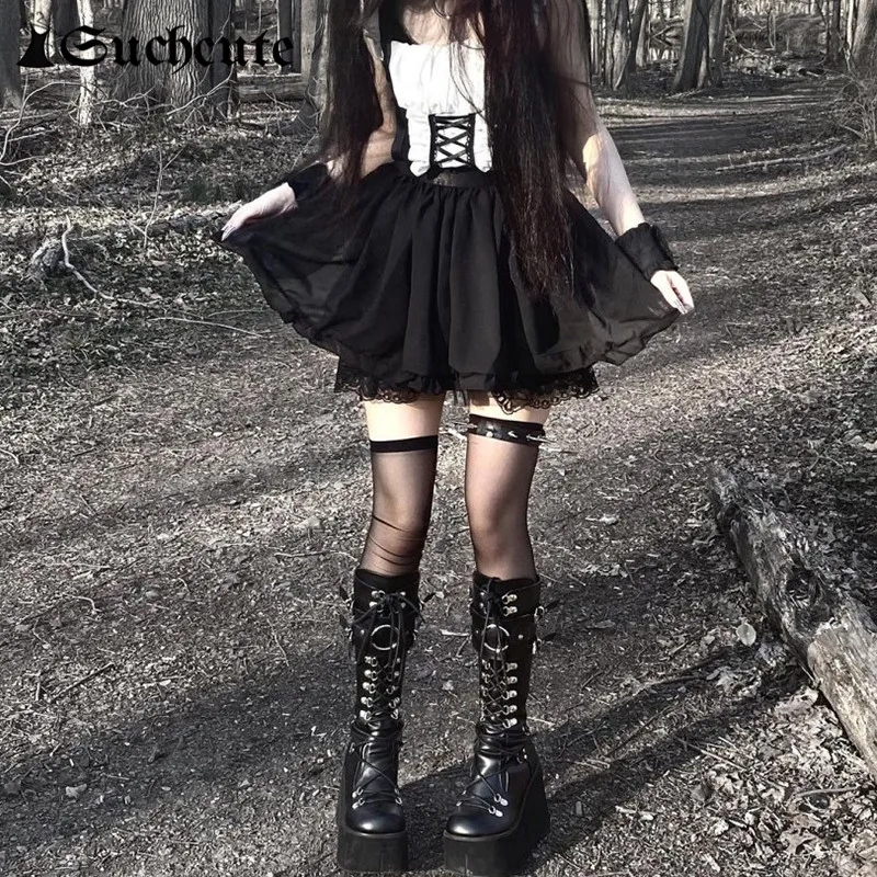 

SUCHCUTE Gothic Ruffle Strap Dress Women Dark Academia Bandage Sleeveless Slim Lace Cute Lolita Patchwork Mini Dresses Fairycore