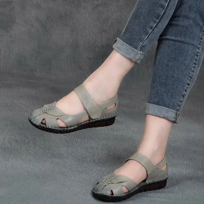 

Summer leather soft sole mother shoes ethnic style hand-stitched low-heel sandals flat-bottomed velcro middle-aged and elderly