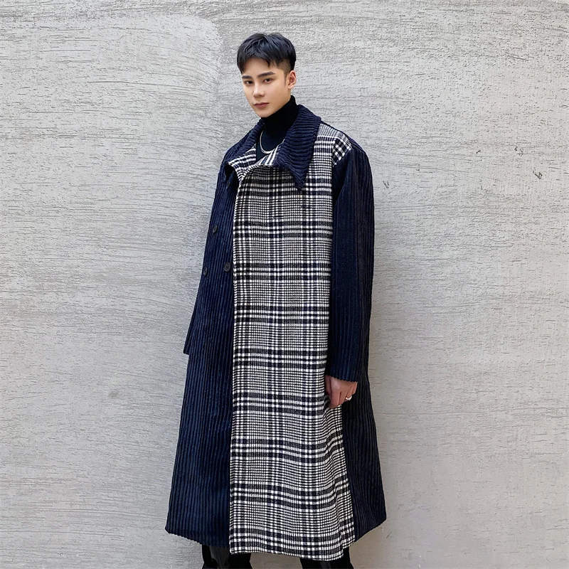 

Men Korean Streetwear Vintage Chic Fashion Loose Long Trench Jacket Outerwear Men's Coat Corduroy Splice Wool Long Trenchcoat