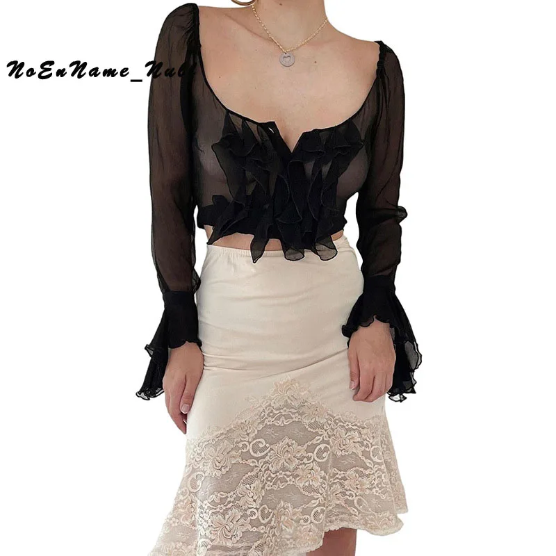 

Женская прозрачная Сетчатая футболка, облегающий кардиган с квадратным вырезом и рукавами-фонариками, Y2K, осень 2021