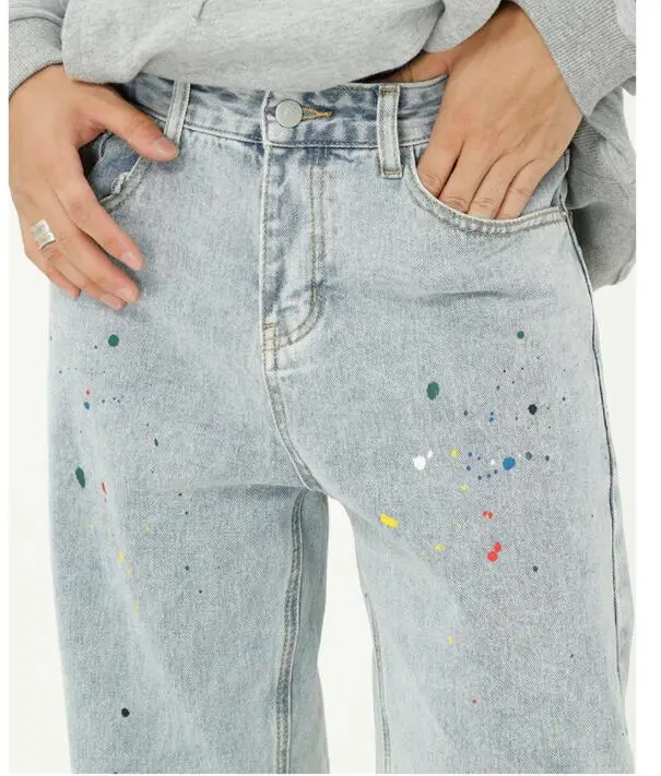 Hip Hop Paint Splashed Jeans Loose Straight Jeans Male Youth Hip Hop Retro Hole Jeans Straight Pants